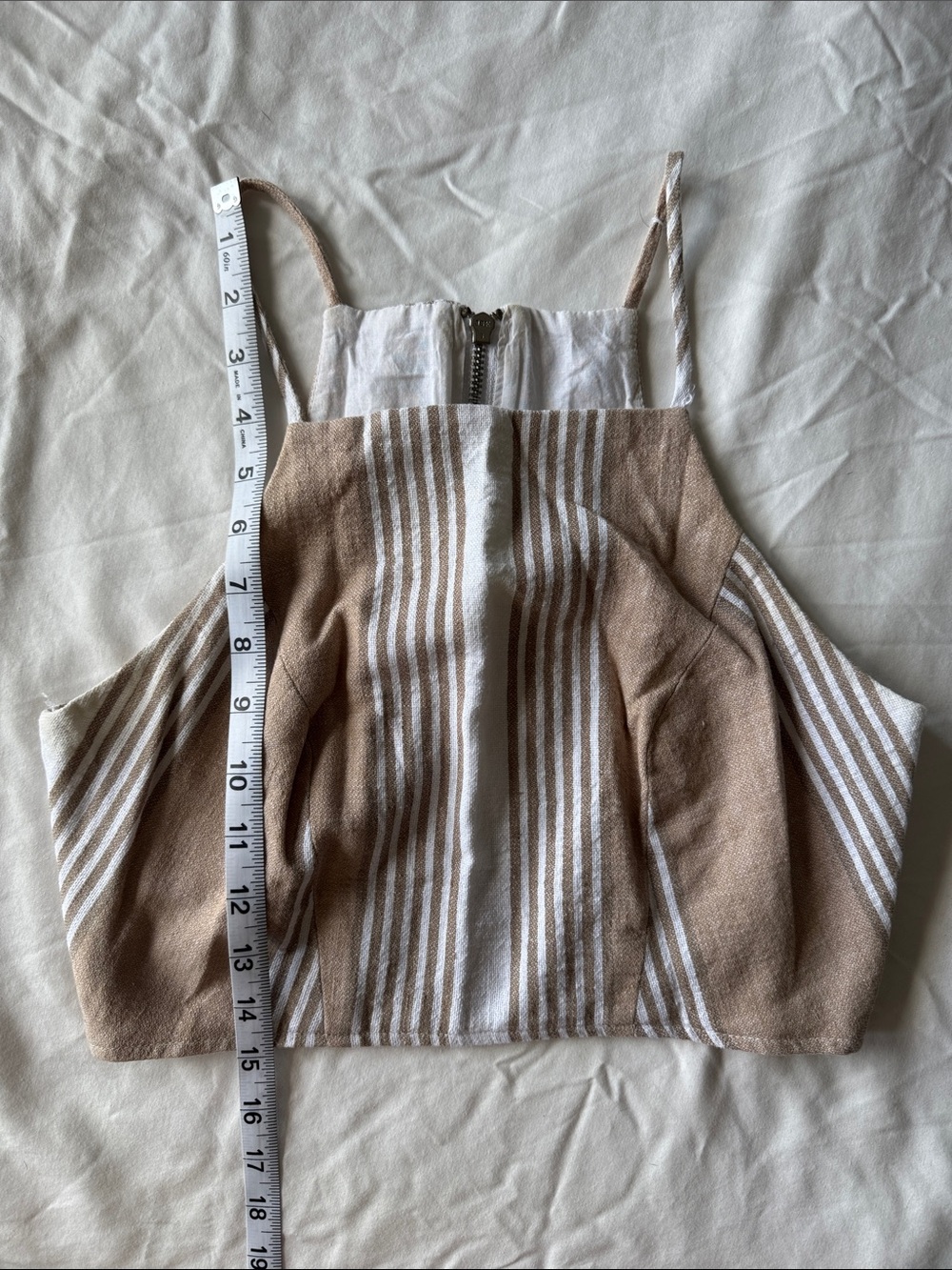 Striped Linen-Blend Crop Top & Shorts Set in Beige and White - Picture 3 of 9